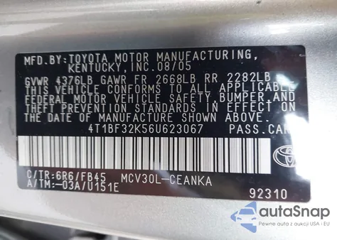 2006 Toyota Camry Le V6 z USA, uszkodzony, nr VIN 4T1BF32K56U623067